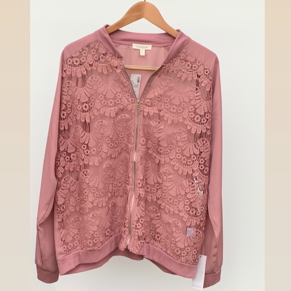 Avenue Loralette Lace Bomber Jacket Pink Mauve NWT - Picture 2 of 5